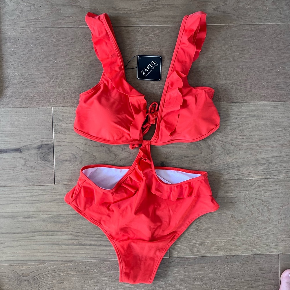 ZAFUL Ruffle High Waisted Backless Swimsuit - Bright Orange M